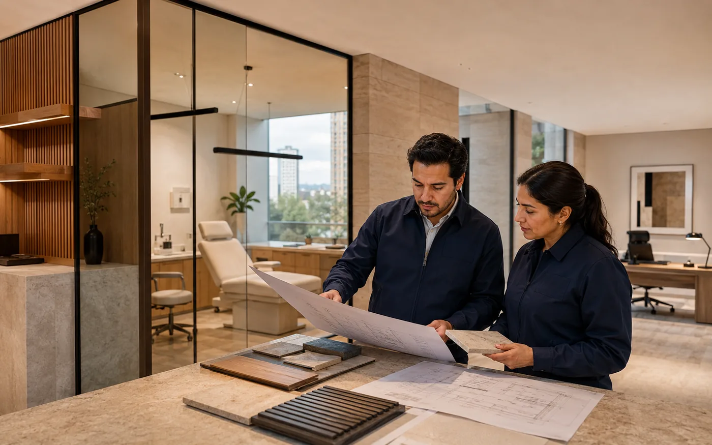 Arquitectos de AJ Studio revisando planos y muestras de materiales en un consultorio adecuado en Ciudad de México