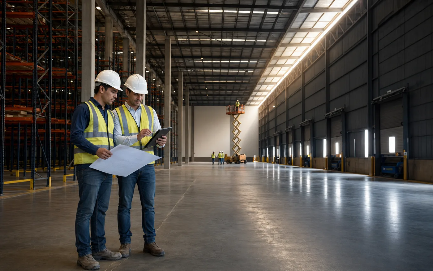 Supervisión de obra en nave industrial con racks de almacenamiento y andenes de carga