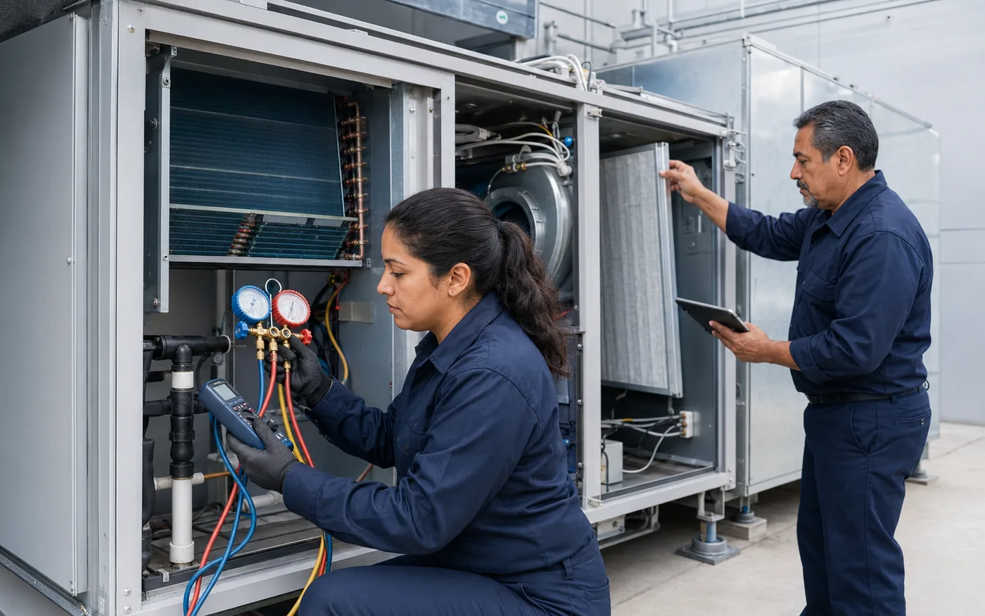 Técnicos de AJ Studio realizando mantenimiento preventivo a una unidad manejadora de aire acondicionado